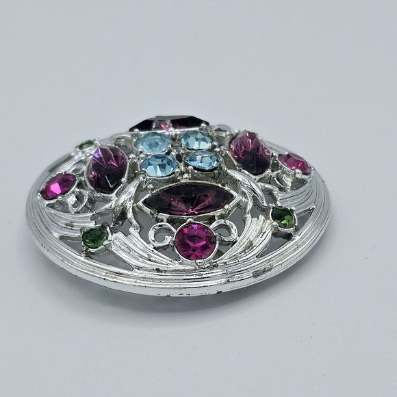 Sarah Coventry Brooch Vtg Springtime 1972 Silver Tone Purple Green Blue Filigree - Picture 3 of 9